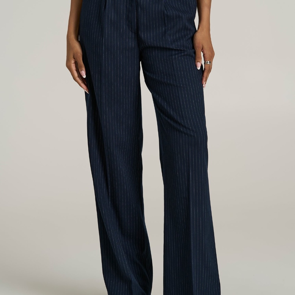 American Tall High-Rise Wide-Leg Pleated Dress Pants for Tall Women in Navy Pins